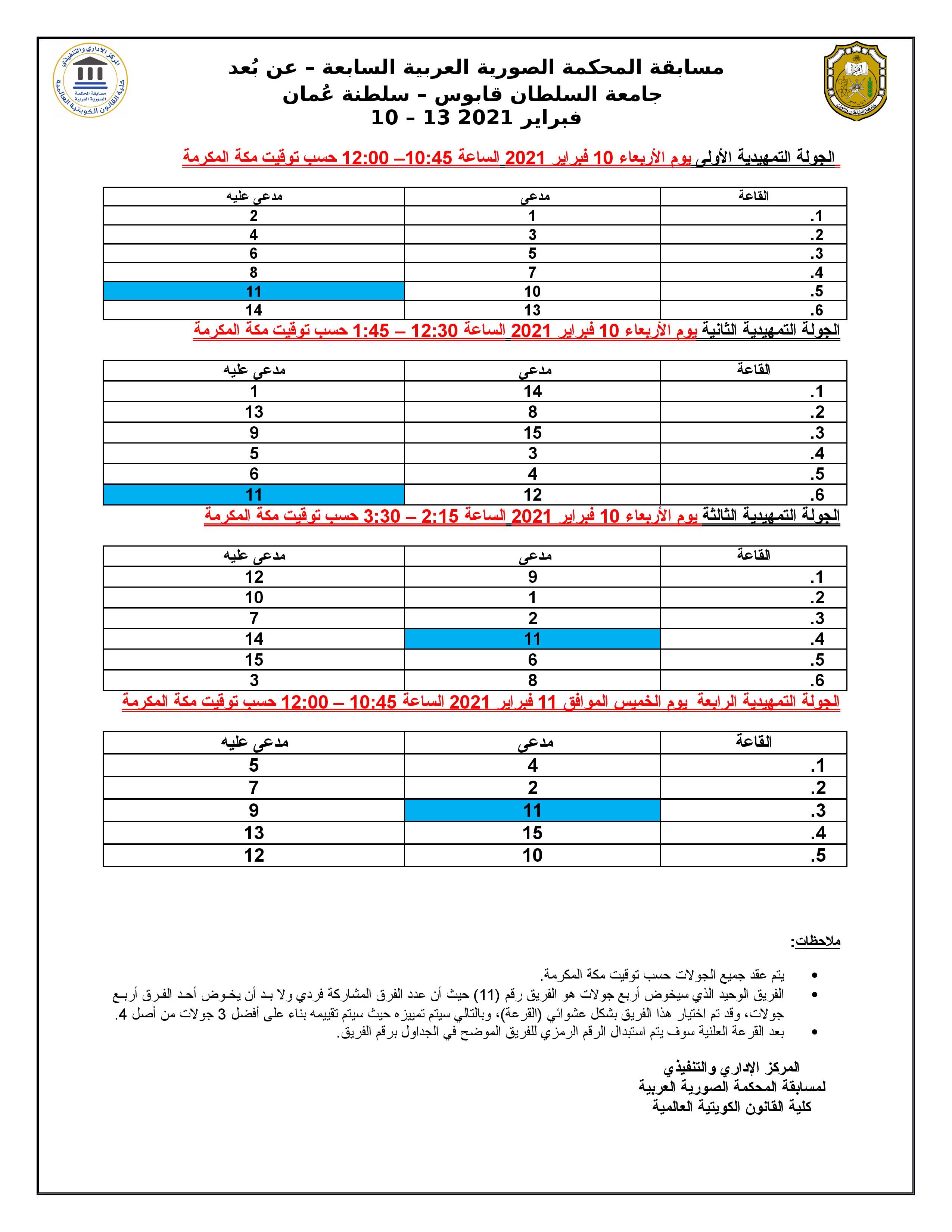 جدول الجولات التمهيدية - مسابقة المحكمة الصورية العربية السابعة - عن بعد 2021-page-001
